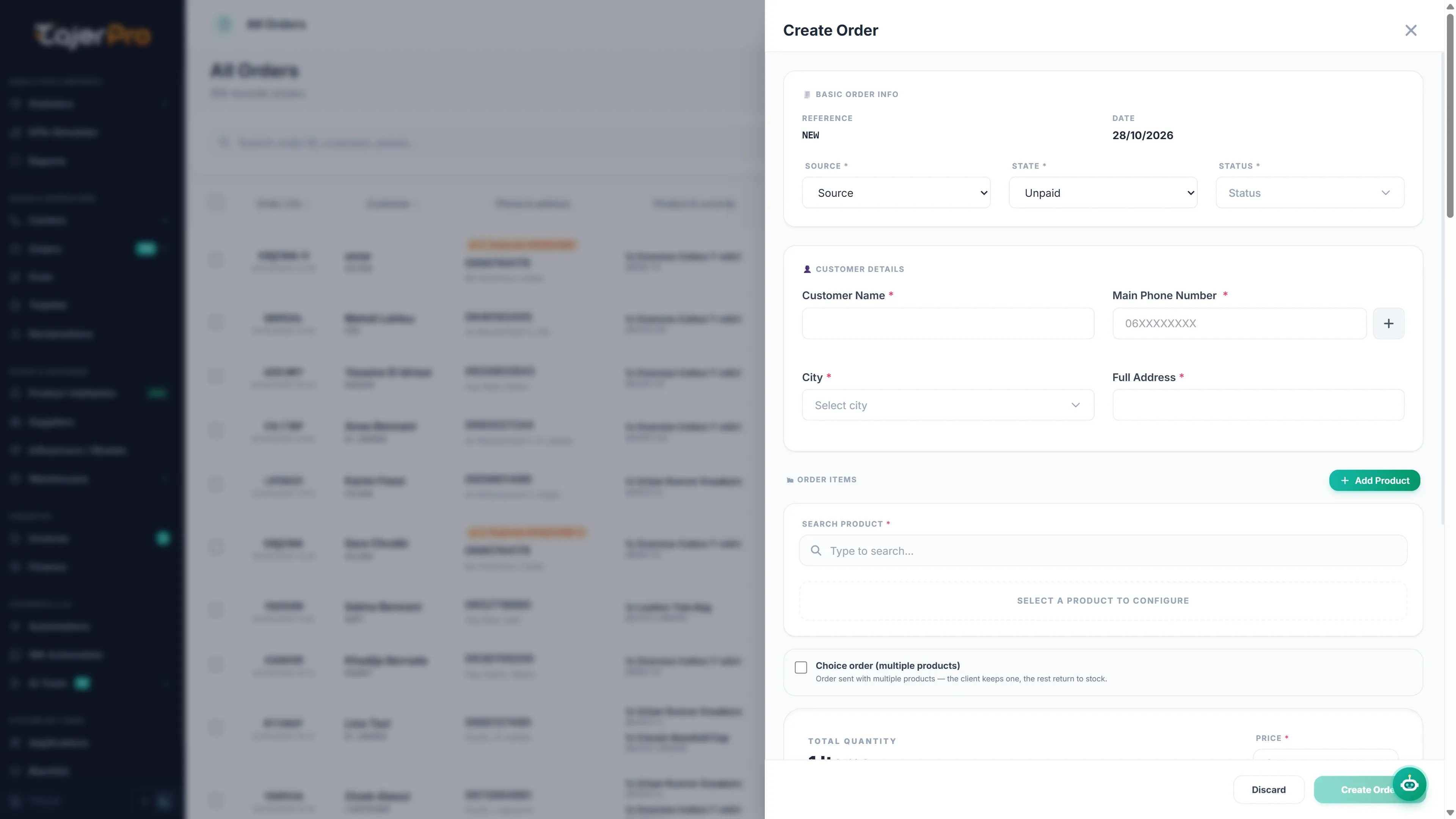 Create Order drawer