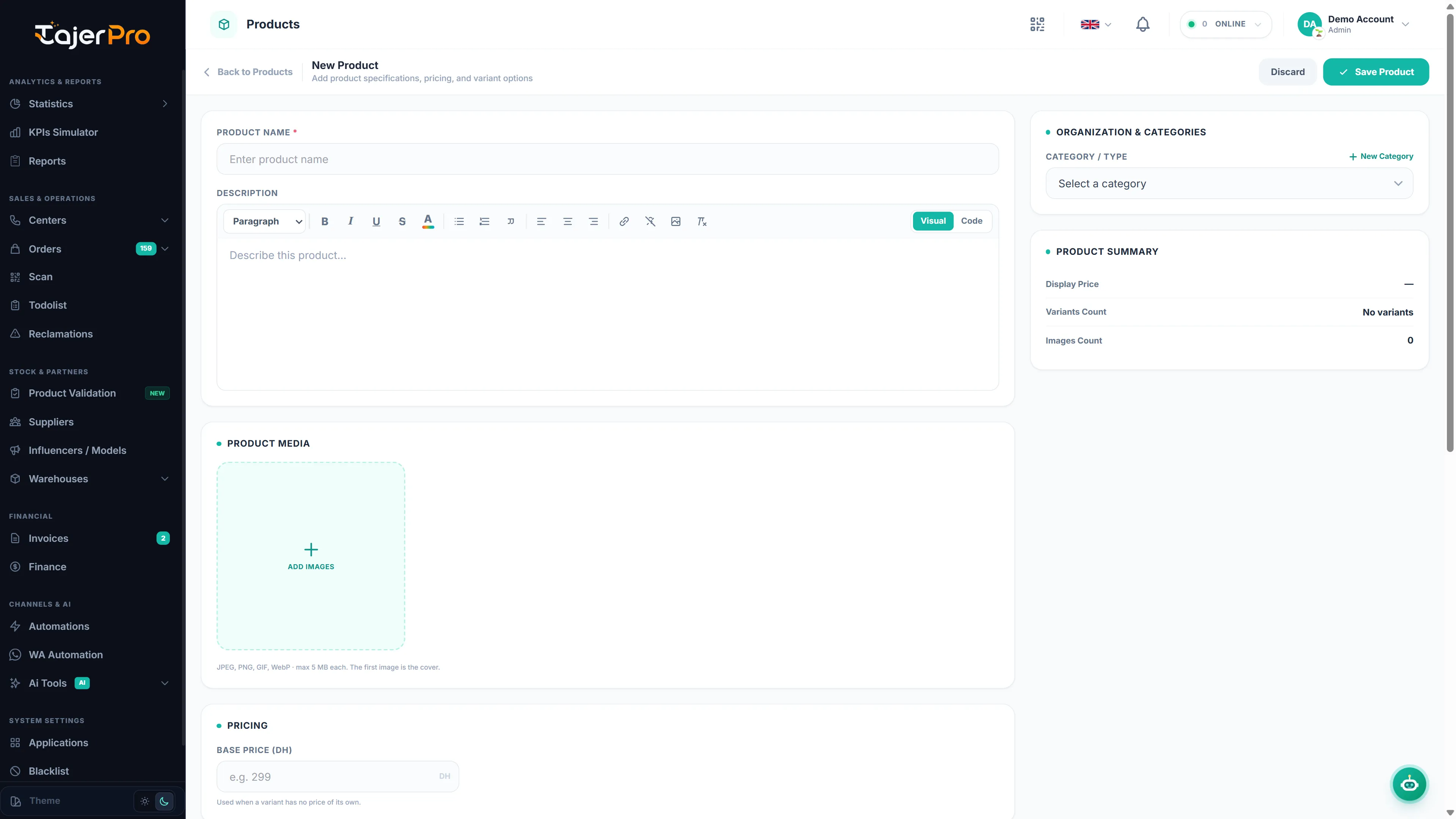 Create Product modal
